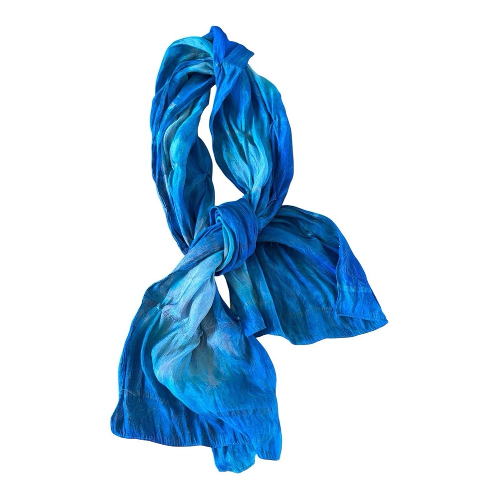 Turquoise Blue Purple Ombre Beaded Flowers Organza Shirred Rectangle Wrap Scarf
